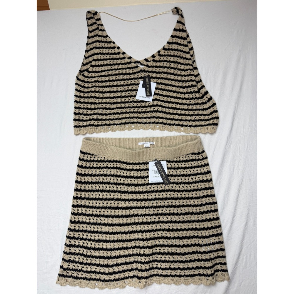 O'Neill Kelsey Crochet Striped 2 Piece Set Tank Top Mini Skirt Beige Black L NEW